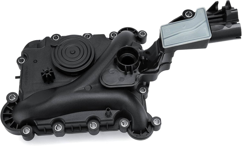Black oil separator housing with round cover and gray electrical connector