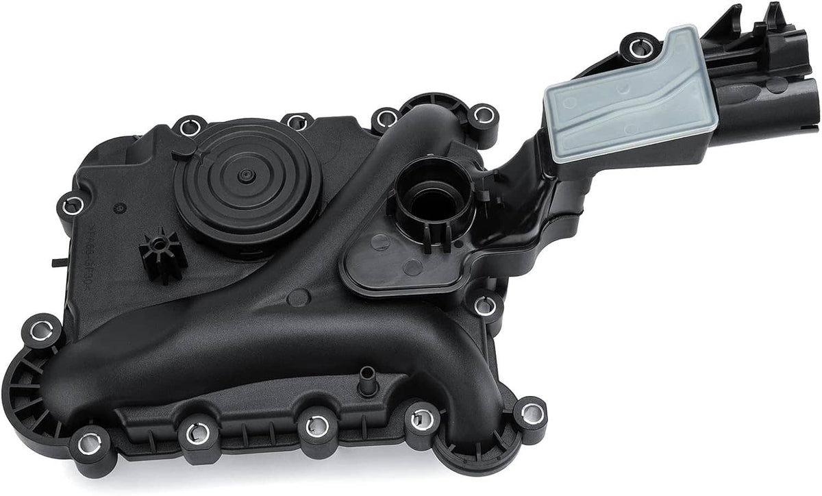 Black oil separator housing with round cover and gray electrical connector