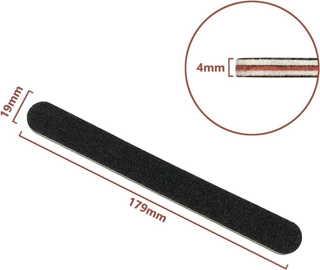 Black double-sided nail file bar, 179 mm length shown.