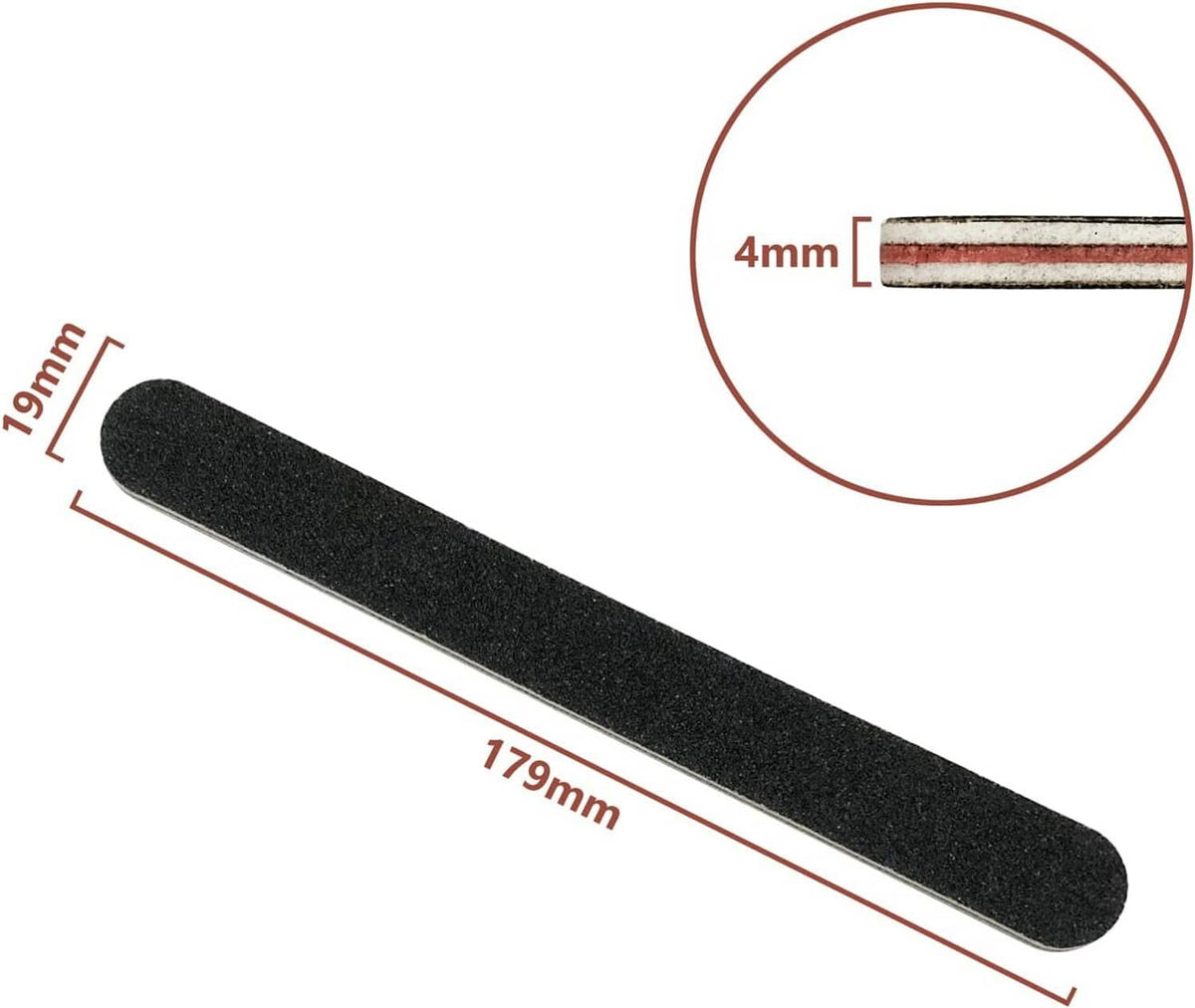 Black double-sided nail file bar, 179 mm length shown.