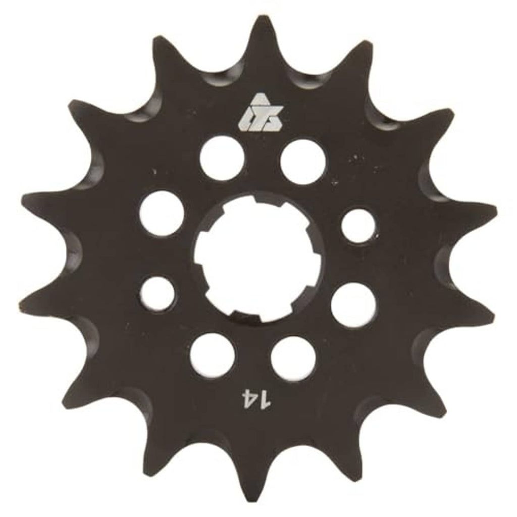 Black 14-tooth front sprocket with logo, center hole, and mounting holes