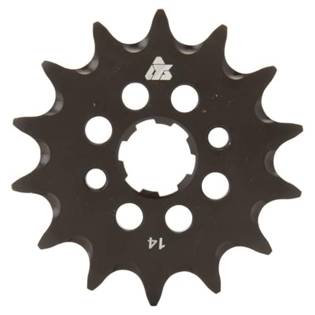 Black 14-tooth front sprocket with logo, center hole, and mounting holes