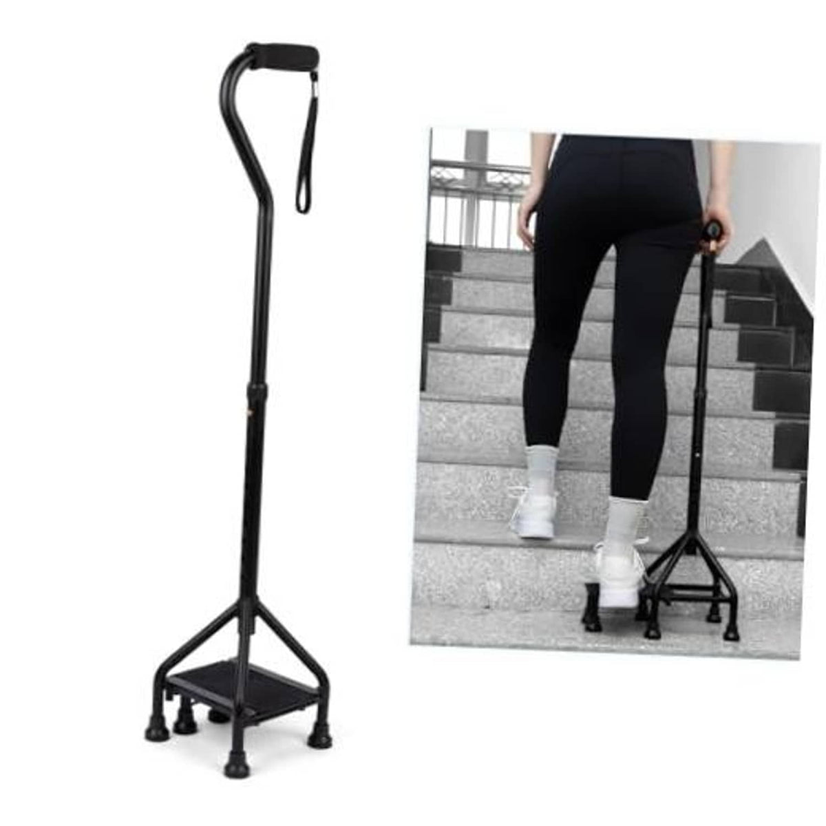 Black adjustable stair-climbing assist cane with wide anti-slip platform base and strap