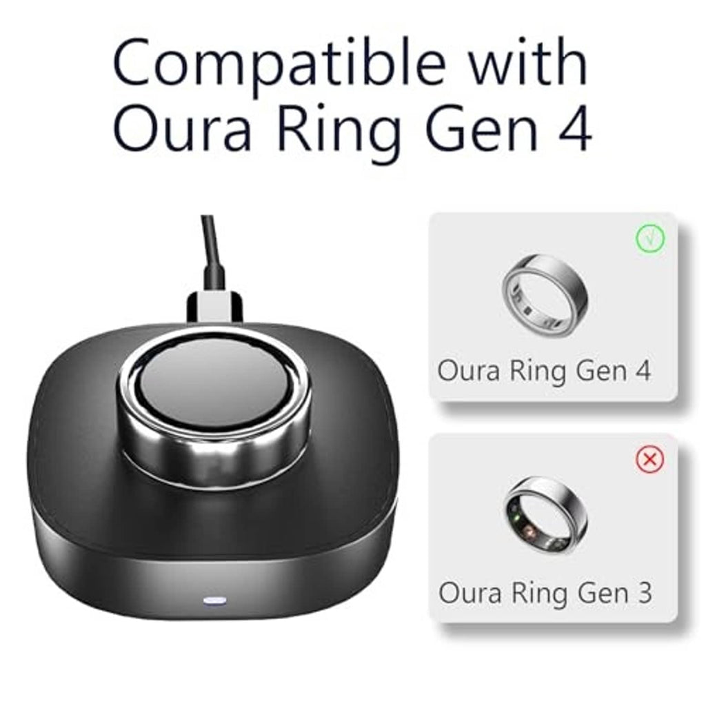 Black charging dock with metal ring cradle and connected charging cable