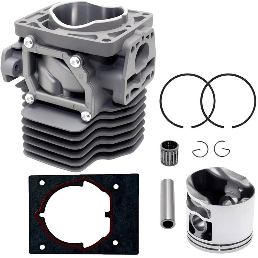 Gray engine cylinder kit with piston, rings, gaskets, and mounting hardware.