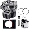 Gray engine cylinder kit with piston, rings, gaskets, and mounting hardware.