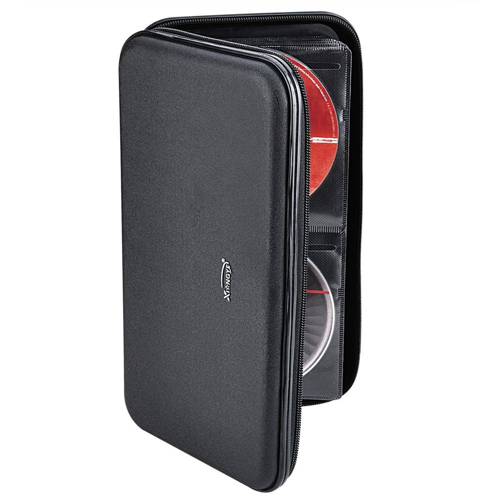 Black DVD case wallet with open cover showing disc sleeves and clear pocket windows.