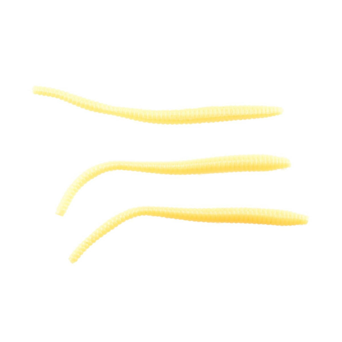 Berkley Powerbait floating trout worm, soft plastic in pale yellow, three curled pieces