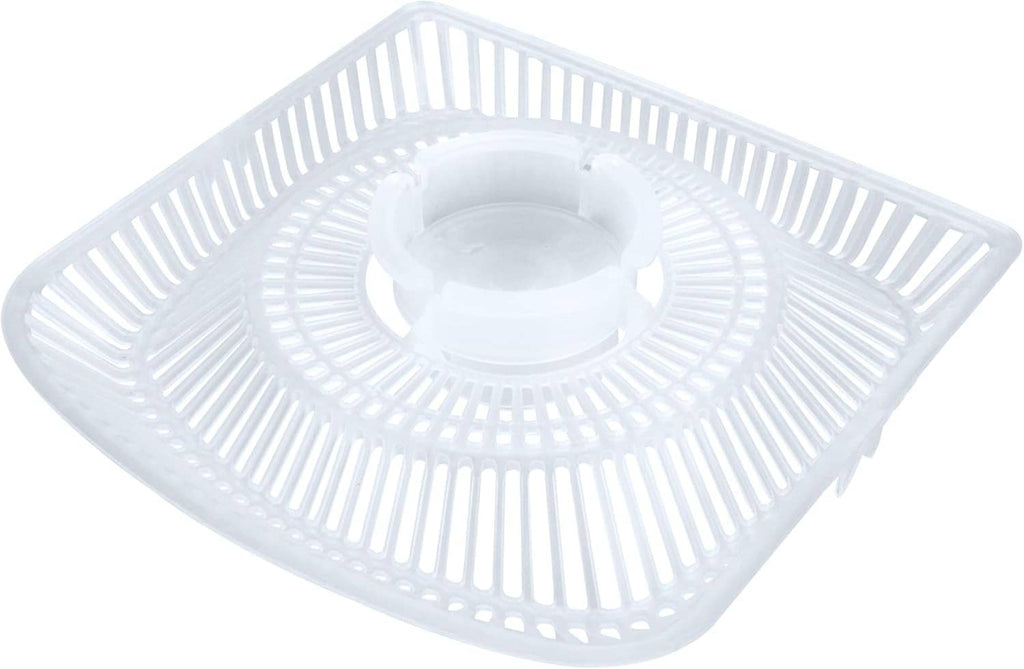 White plastic skimmer strainer basket with central filter cup and slotted rim