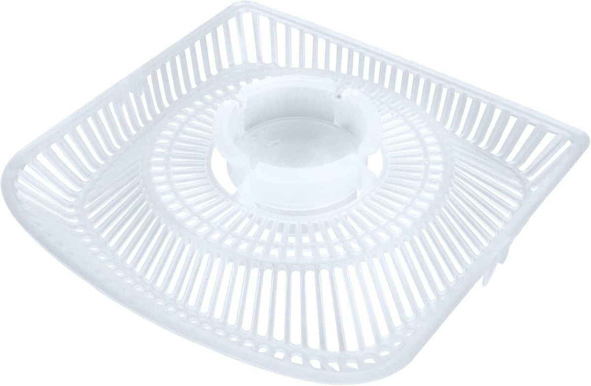 White plastic skimmer strainer basket with central filter cup and slotted rim
