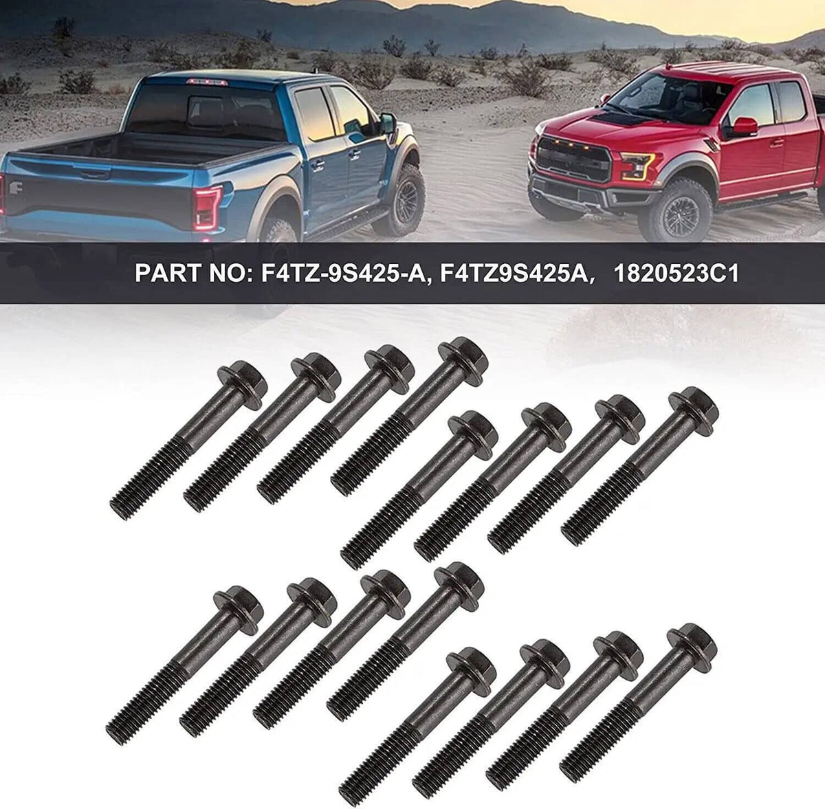 Exhaust manifold bolt kit showing 16 black bolts with hex heads and threads