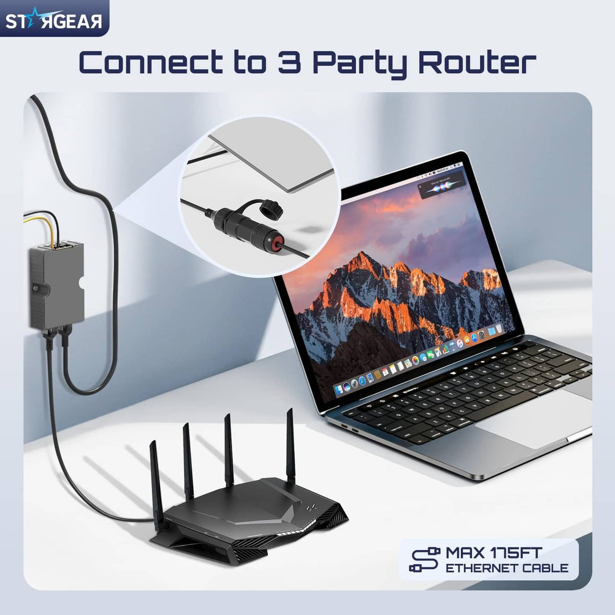 Black RJ45 Ethernet adapter with cable, shown connected to an inline coupler