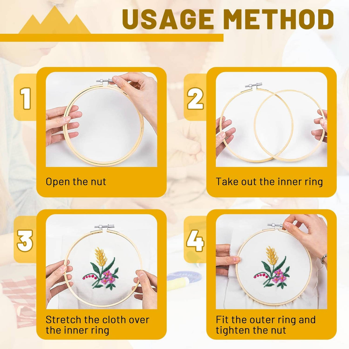 Embroidery hoop holding stitched floral fabric, with outer ring and tightening nut
