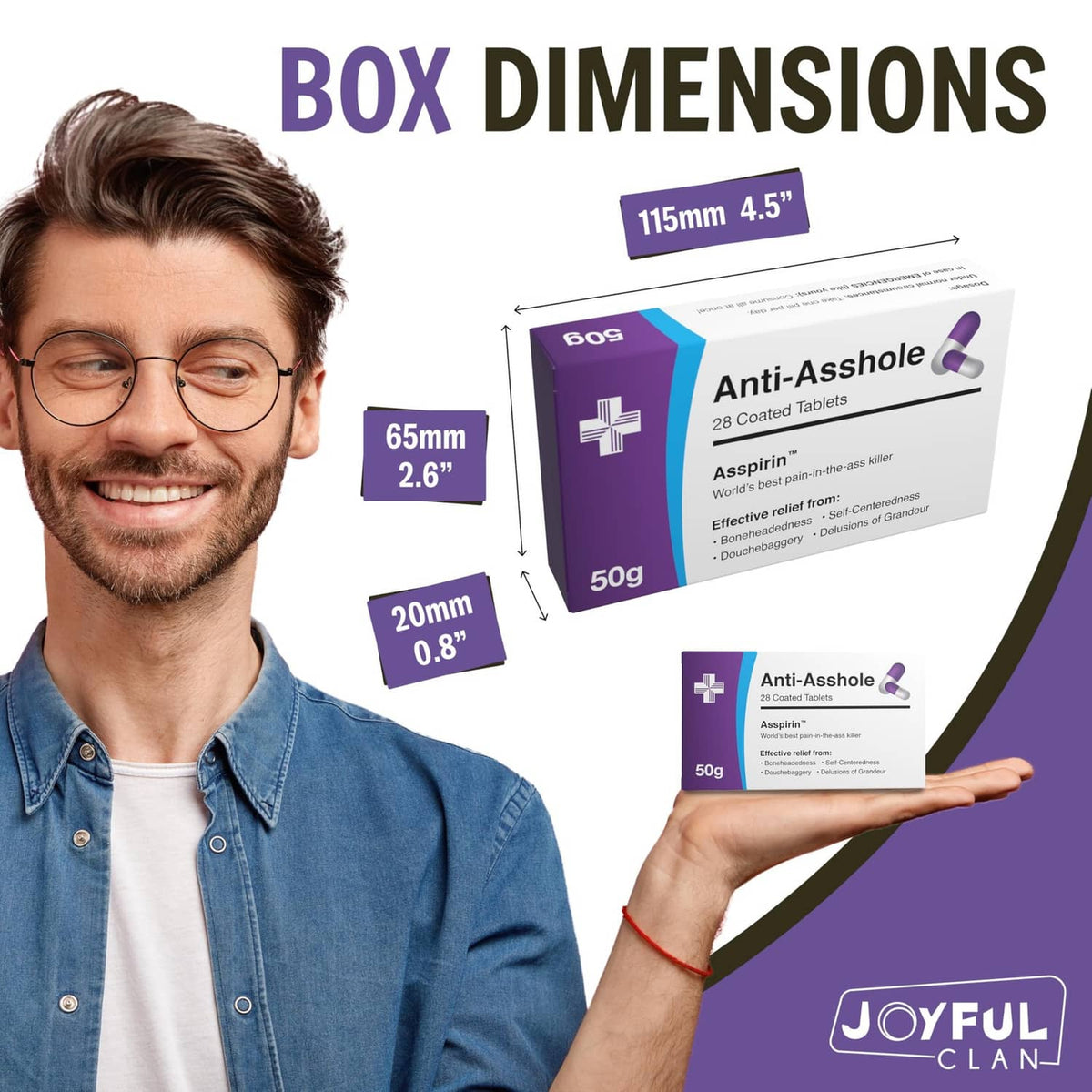 Funny joke pill box with purple-blue sides labeled "Anti-Asshole", held in hand
