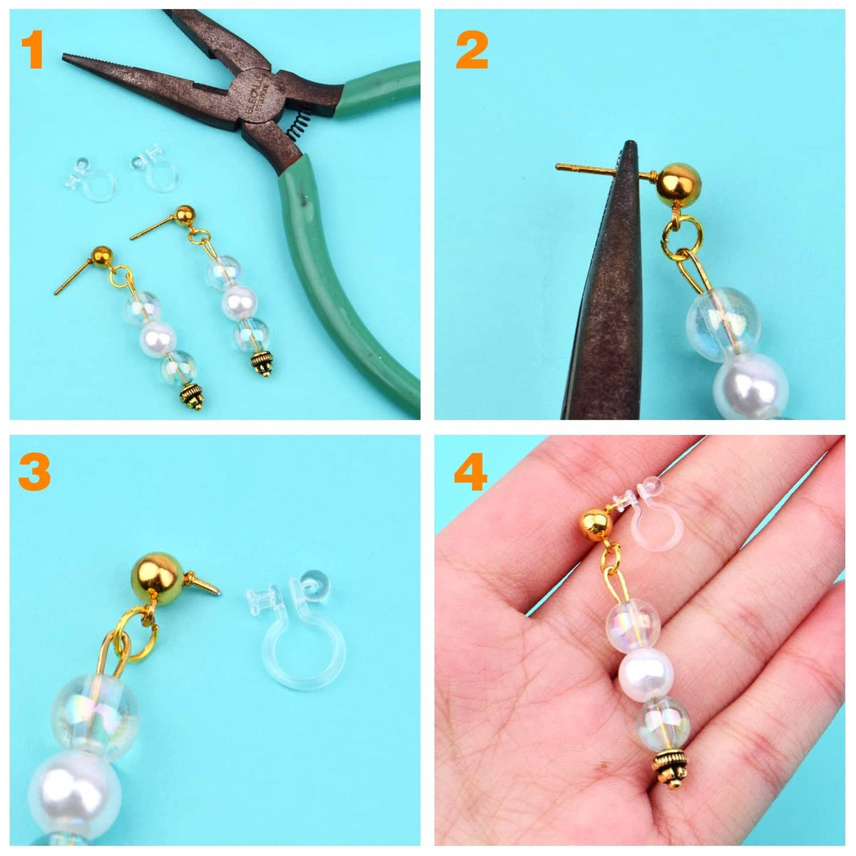 Clip-on pearl drop earrings with clear resin hook connectors and gold-tone accents