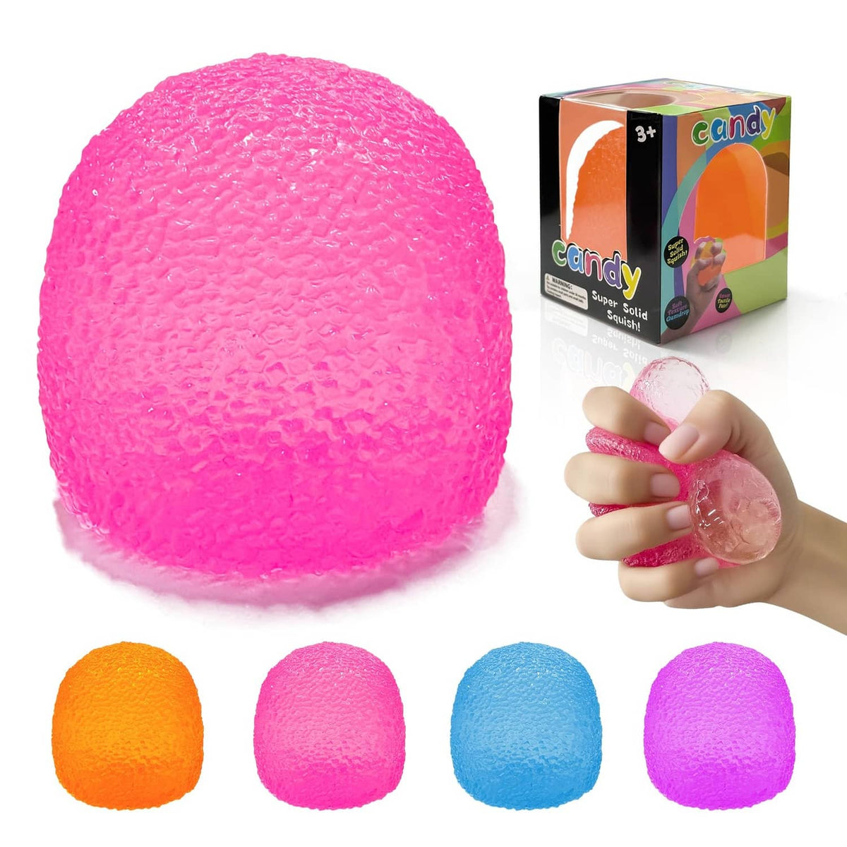 Pink squishy stress ball, 2.2 in, held in a hand with texture detail