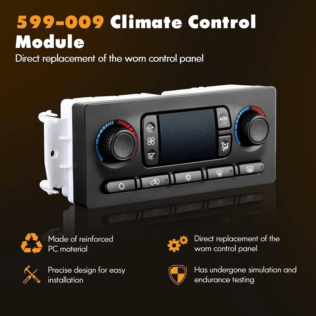 AC climate control module with built-in screen, black housing, and blue-accent knobs