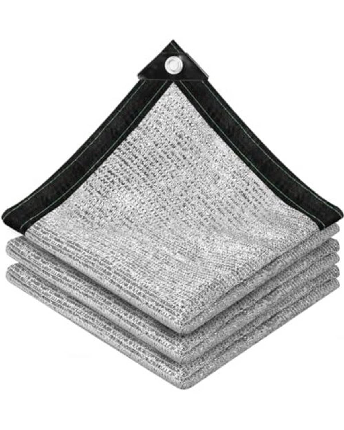 Reflective aluminium shade netting, folded gray silver sheets with black corner grommet