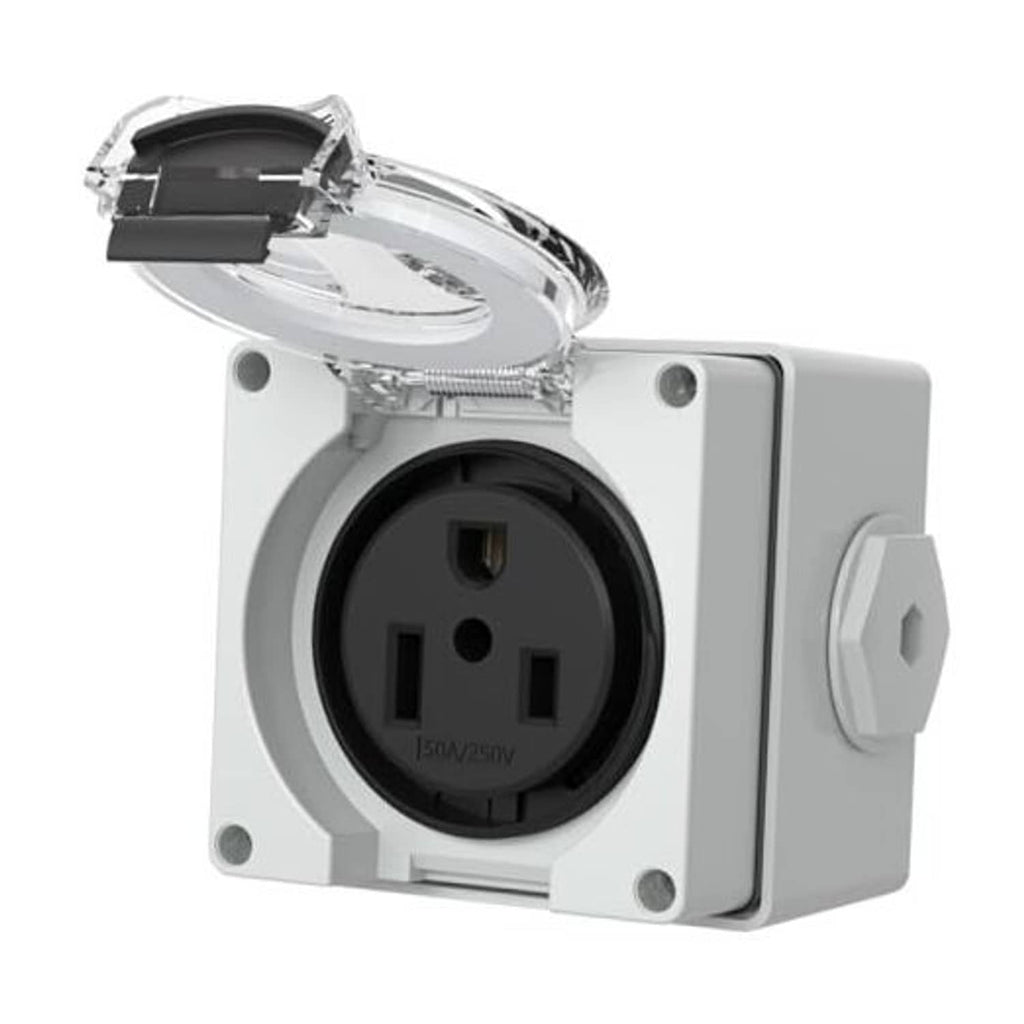 Gray NEMA 6-50R receptacle outlet box with open clear dust cover
