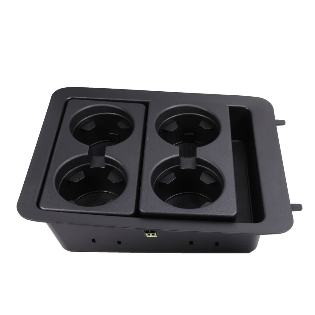 Front view of black two-by-two cup holder bezel with four circular wells