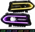 LED projector headlights with black housing, amber turn strip and bright white glow
