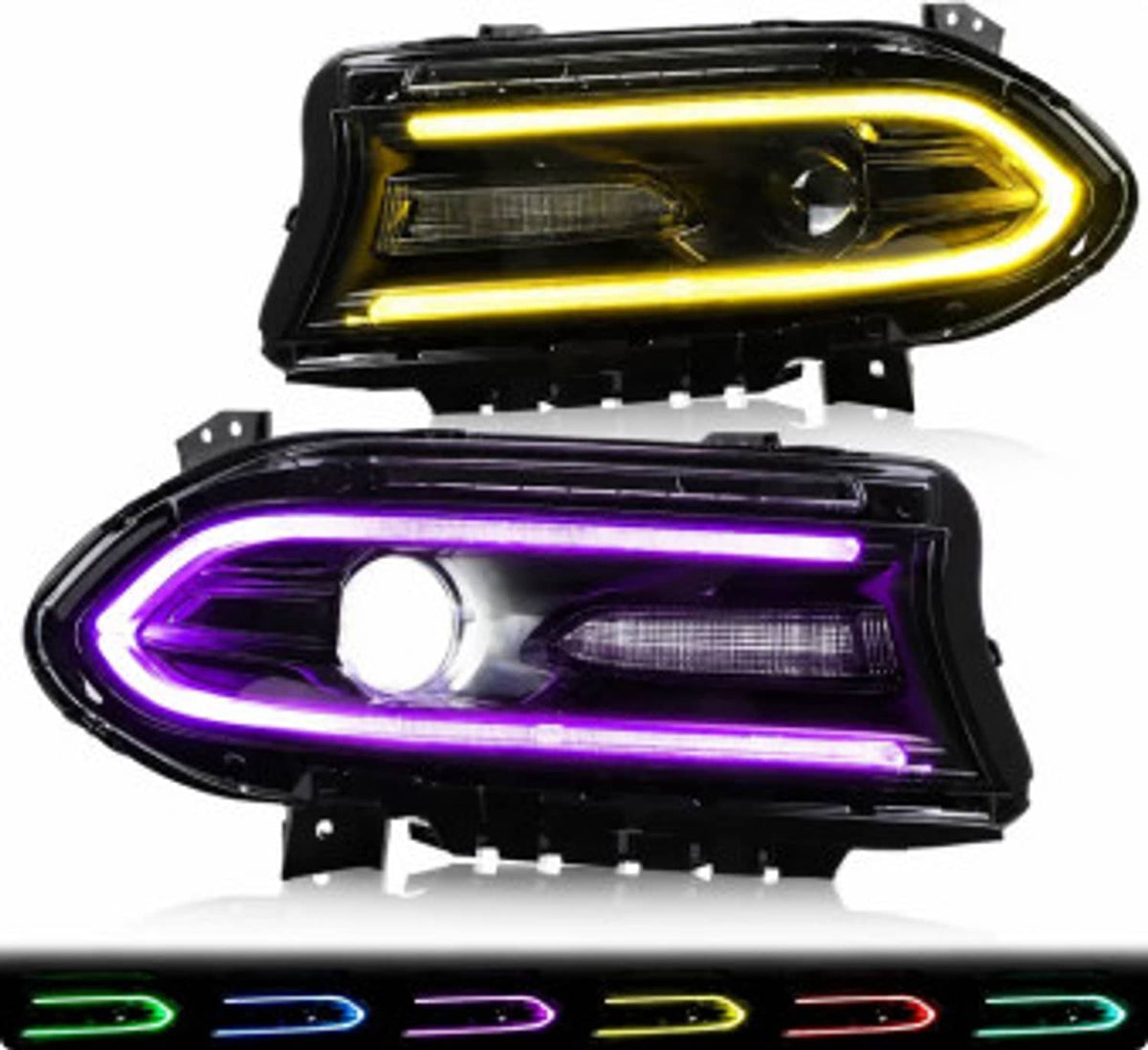 LED projector headlights with black housing, amber turn strip and bright white glow