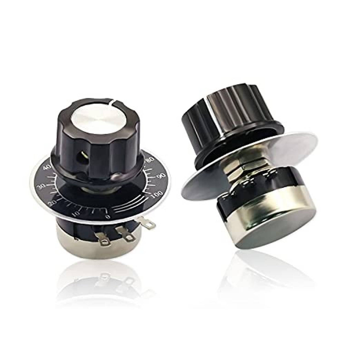 Rotary potentiometer with black knob and dial scale, shown from side angle on white background.