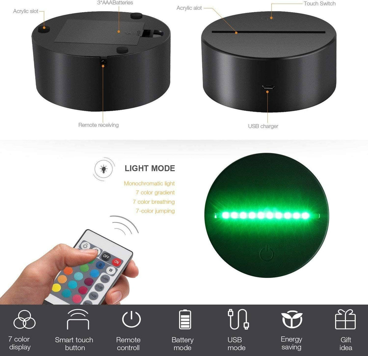 Black 3D LED lamp base with remote control; shows green illumination and USB charger