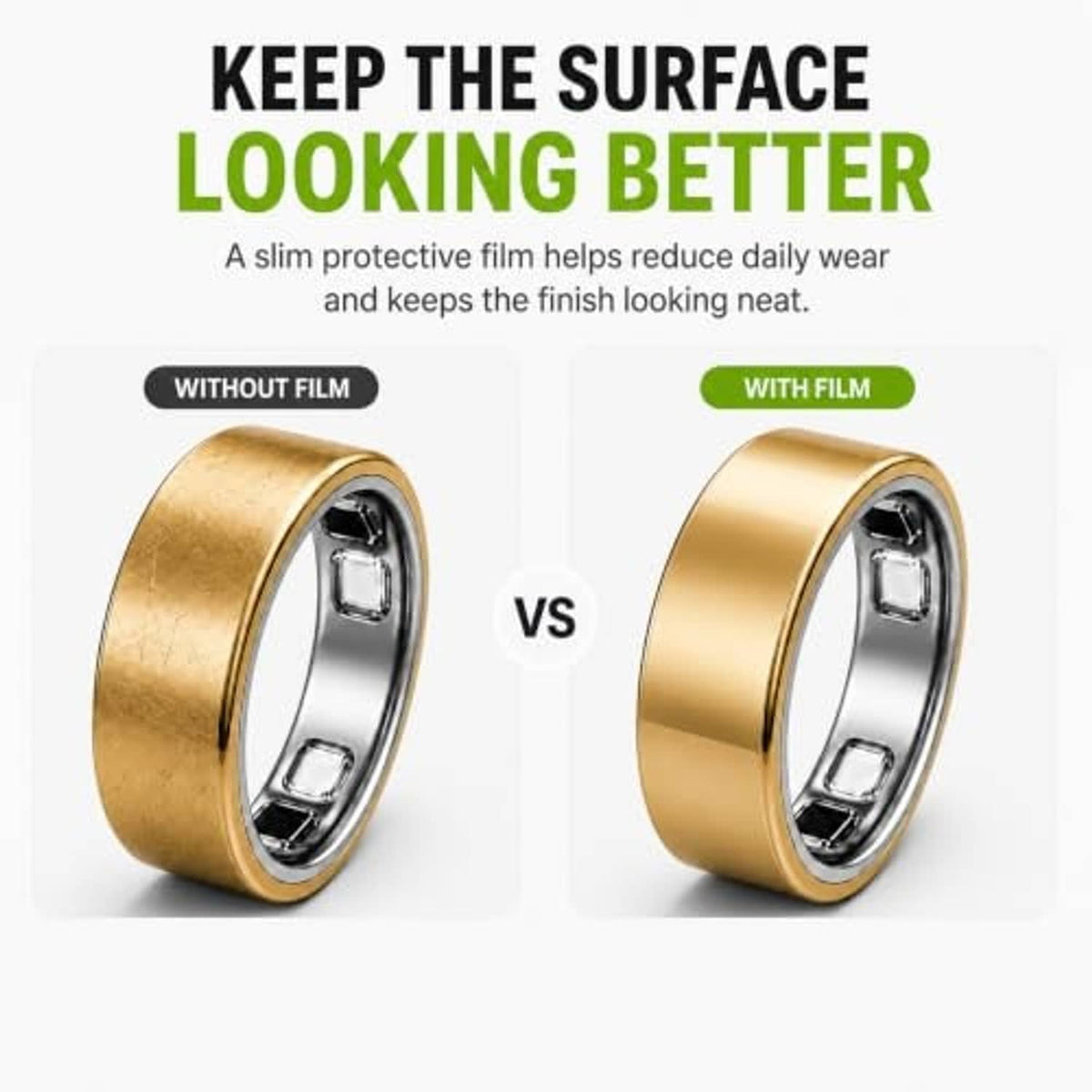 Oura Ring 5 cover protective film vs no-film look, gold ring side-by-side