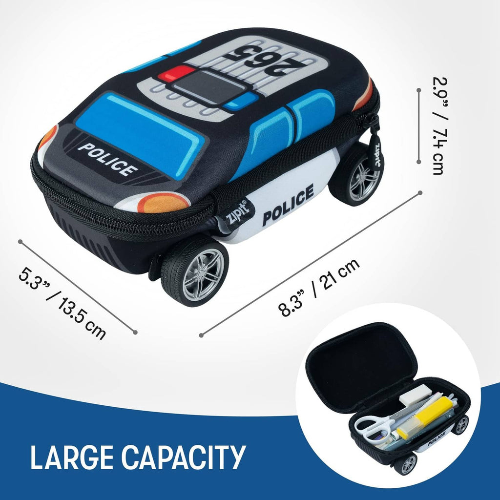 Blue police car pencil case with zipper and molded wheels, large capacity