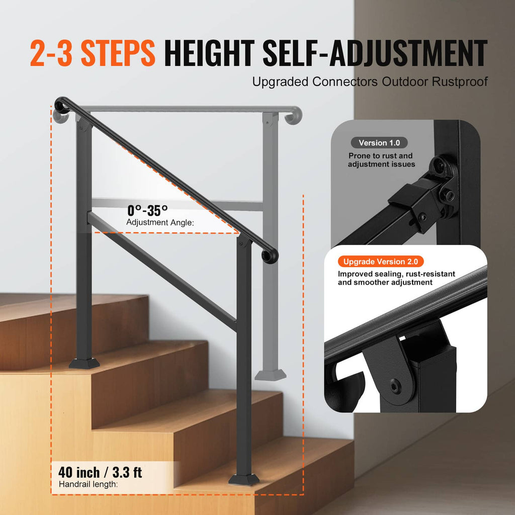 Black adjustable wrought iron stair handrail with self-adjusting frame for 2–3 steps