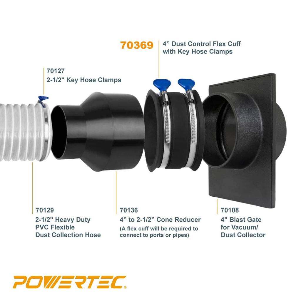 2-1/2 in key hose clamps with blue keys securing a black dust collector gate.