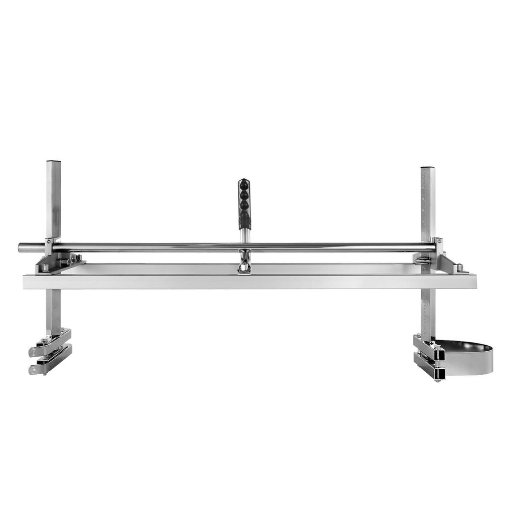 Chainsaw mill guide rail system with two uprights and circular log clamp, silver