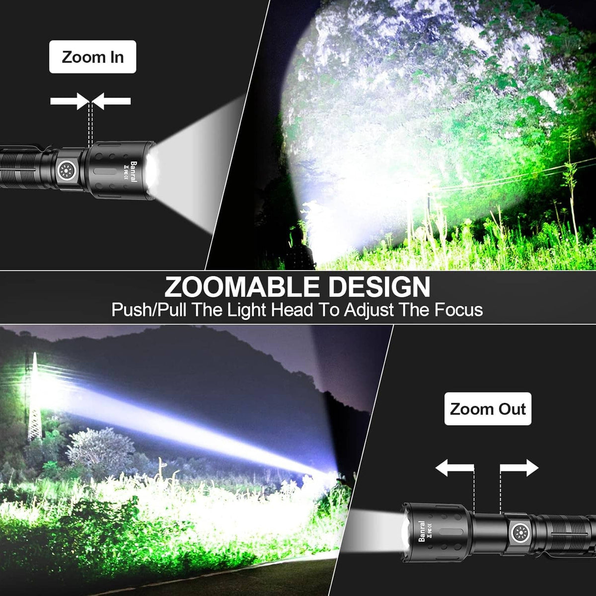 Black zoomable rechargeable LED flashlight with adjustable focus head