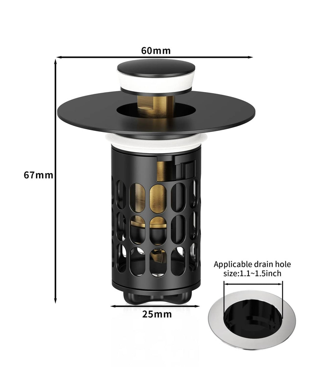 Black bathroom sink stopper strainer with brass core, shown with size diagram
