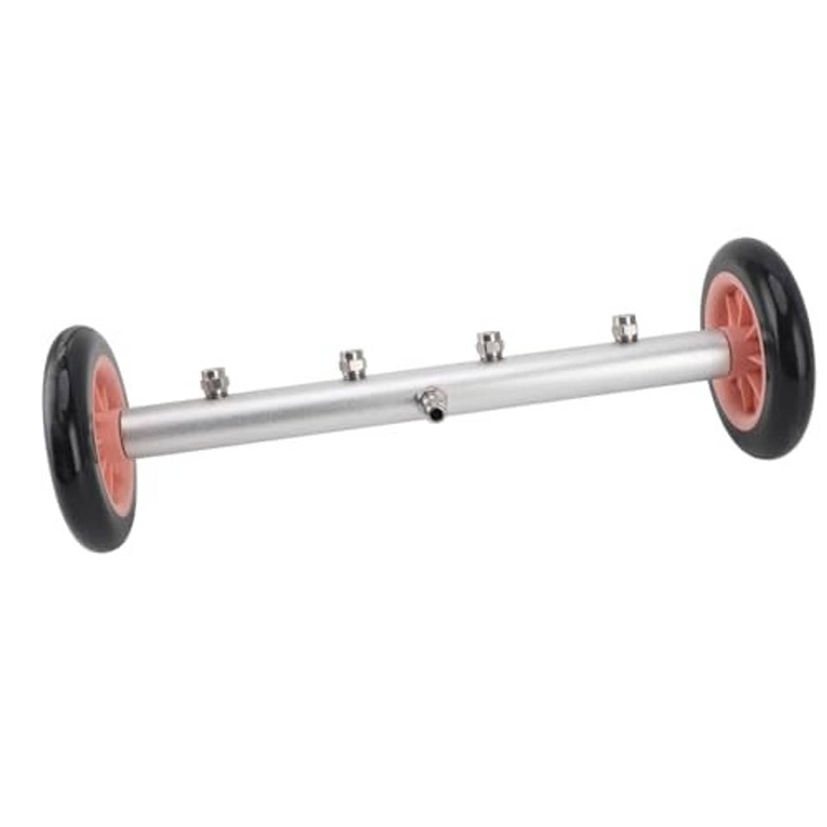 Pressure washer attachment bar with four adjustable nozzle outlets and red wheel wheels