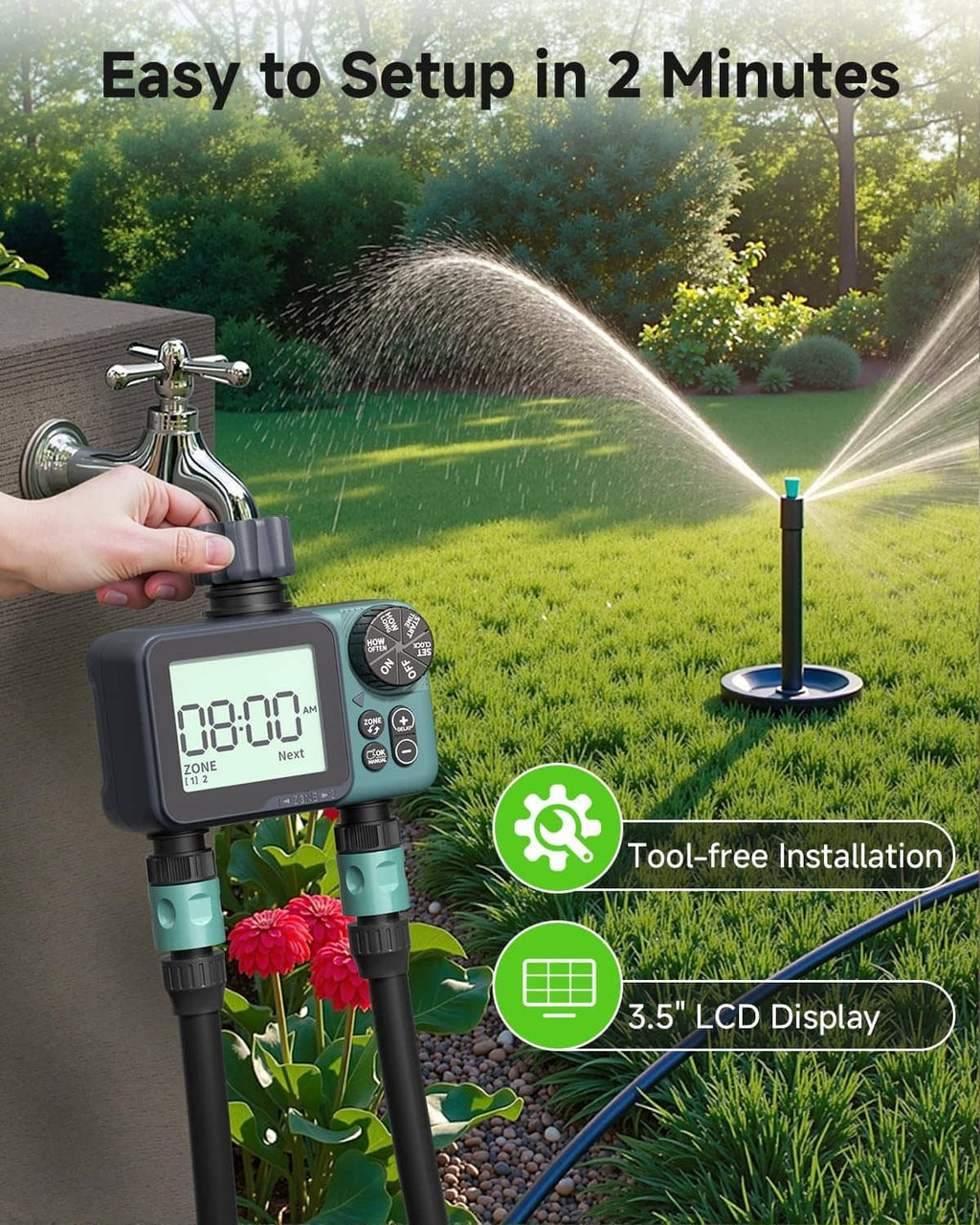 Green 2-zone sprinkler timer with large LCD display and tool-free installation