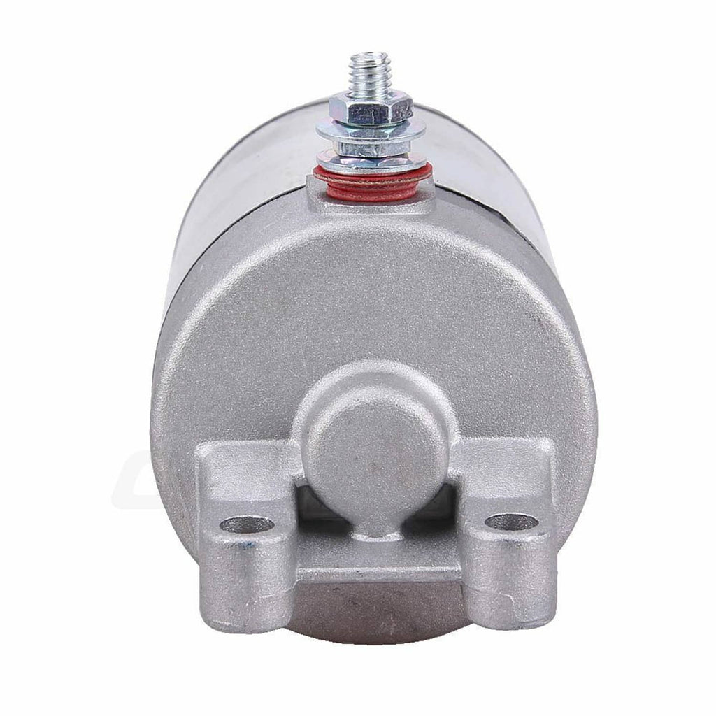 Starter motor rear housing view, silver casing with bolt posts and terminal