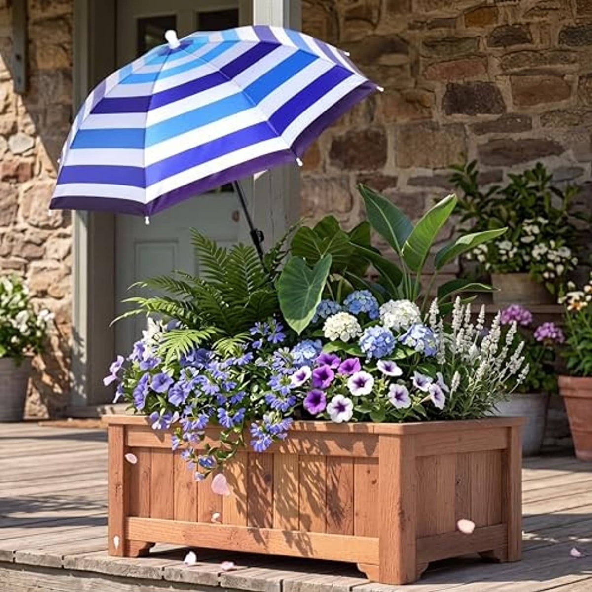 Blue and white striped plant umbrella over a wooden planter on a patio, open canopy
