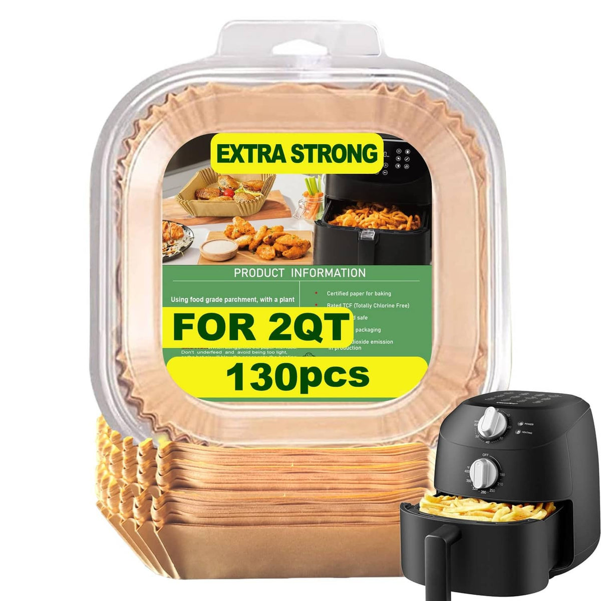 Set of square natural air fryer liners in a clear clamshell package