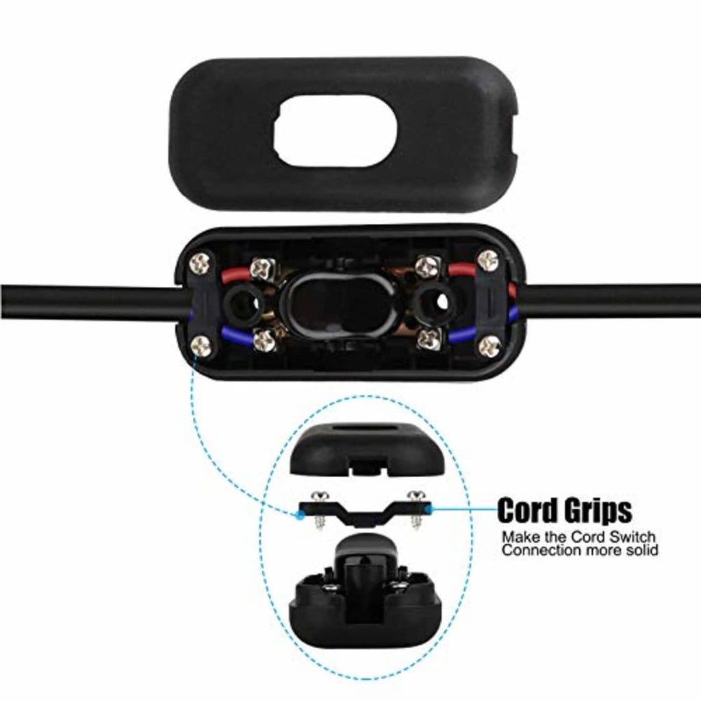 Black inline cord switch interior with cord grips and exposed terminals