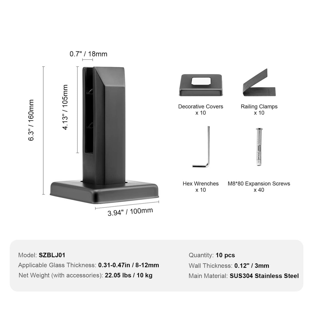 Black square glass floor clamp with accessories: decorative covers, hex wrench, screws