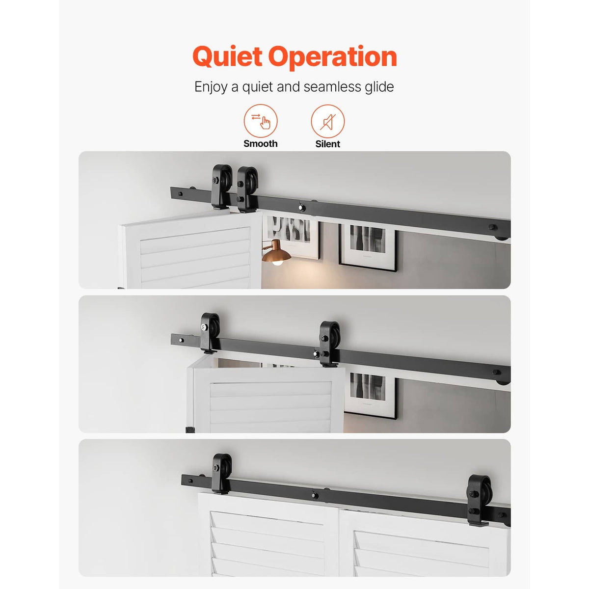 Barn door sliding track with roller hangers above a white bi-fold door