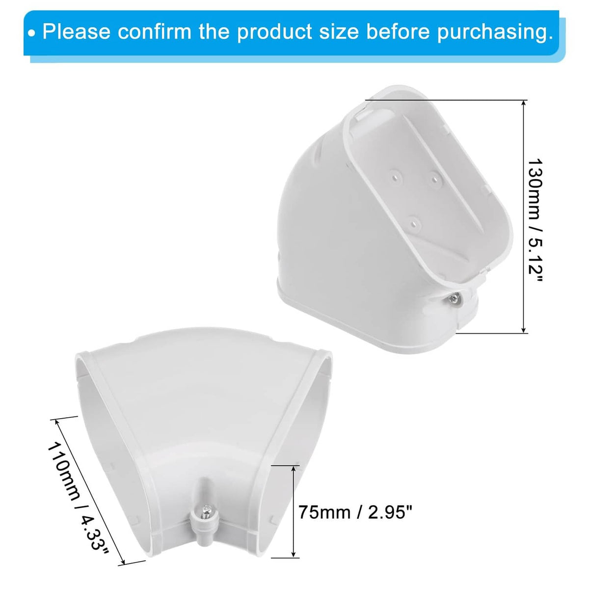 White PVC 45-degree elbow tubing cover with snap fitting, 75mm size reference