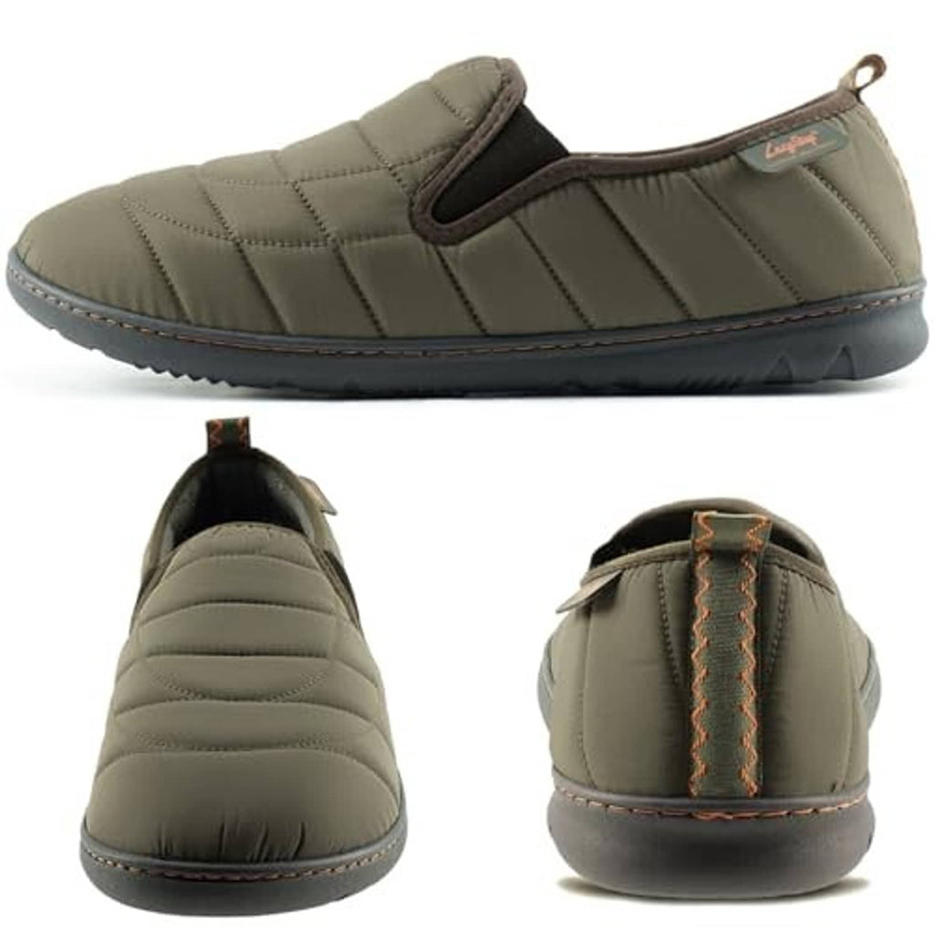 Army green slip-on loafer slippers, side view with quilted stitching and dark sole