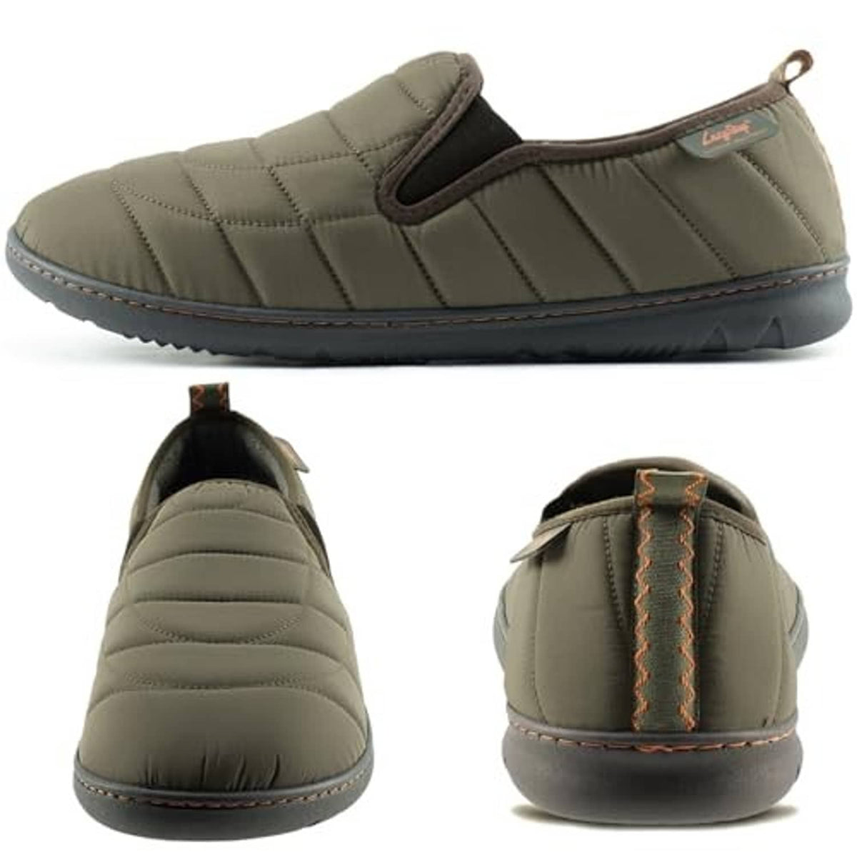 Army green slip-on loafer slippers, side view with quilted stitching and dark sole