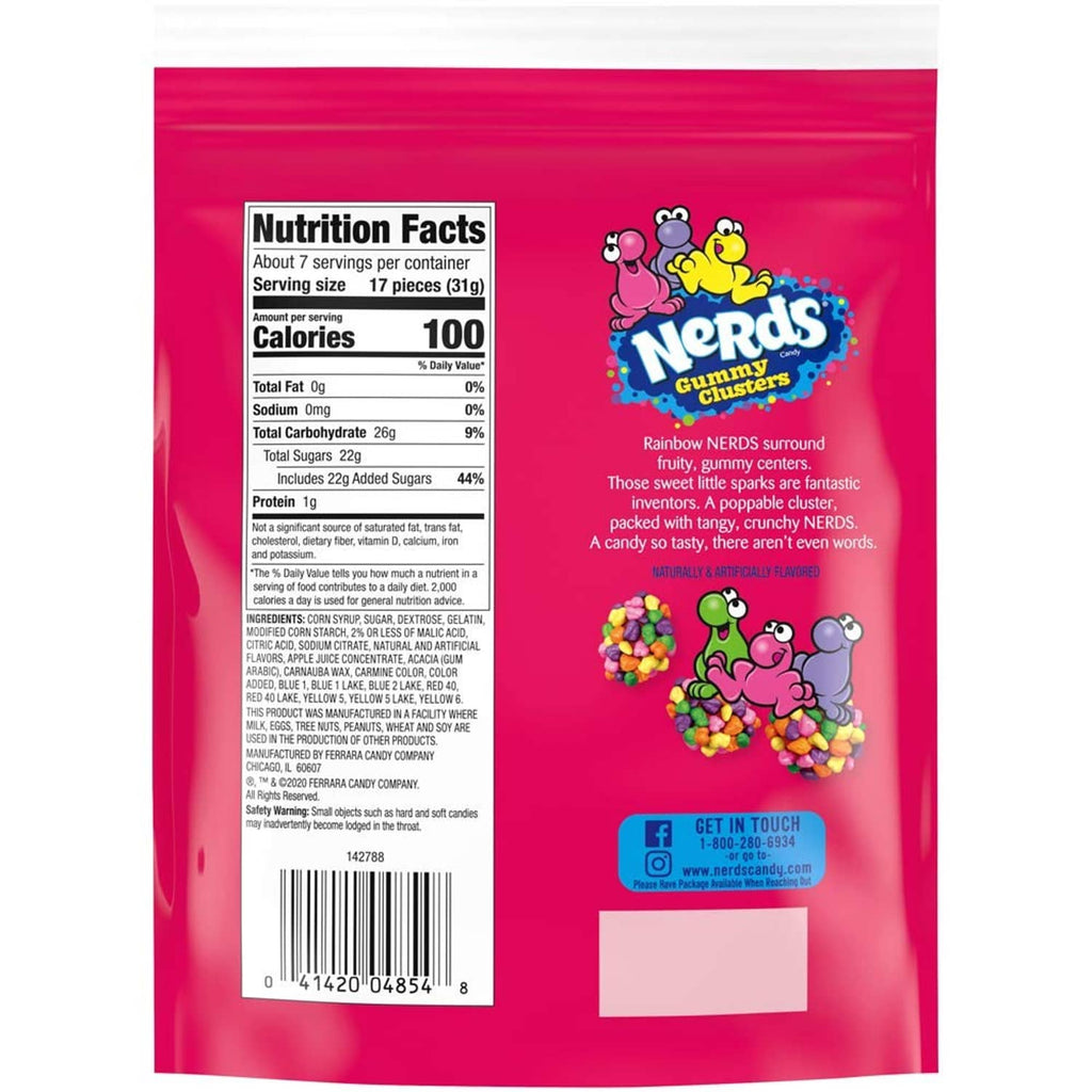 NERDS Gummy Clusters rainbow gummy candy back panel with Nutrition Facts