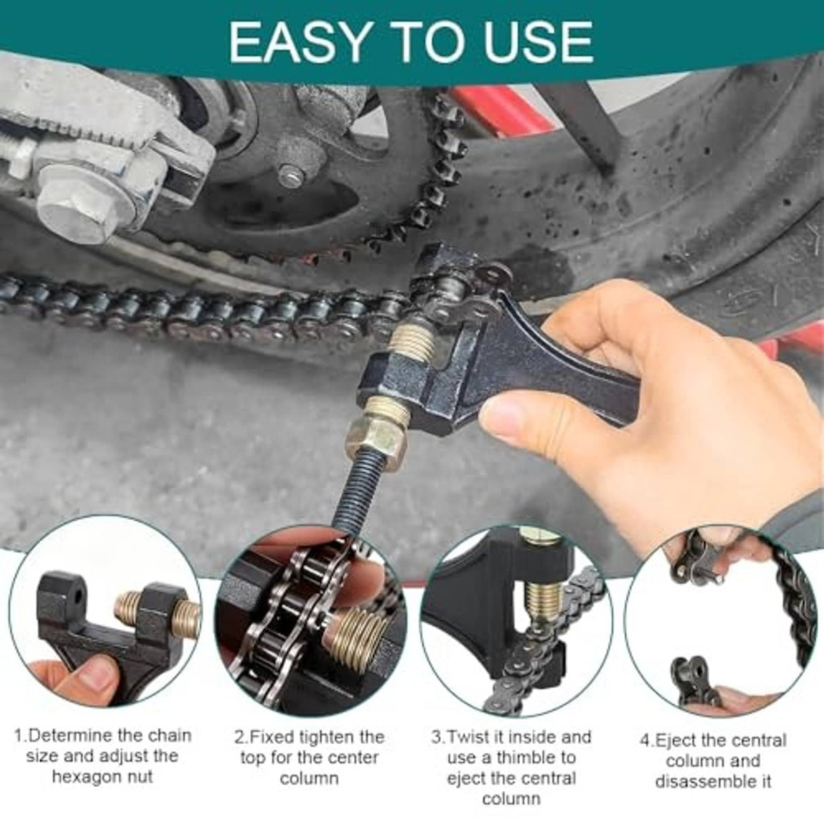 Universal motorcycle chain breaker tool with adjustable clamp and threaded pin