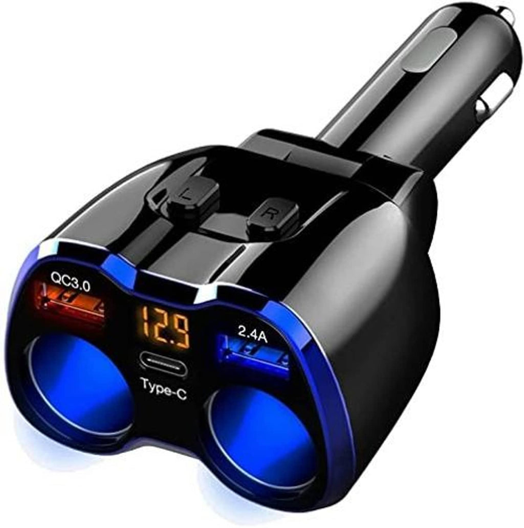 Black car charger splitter with dual blue sockets, Type-C port, and QC3.0 LED readout