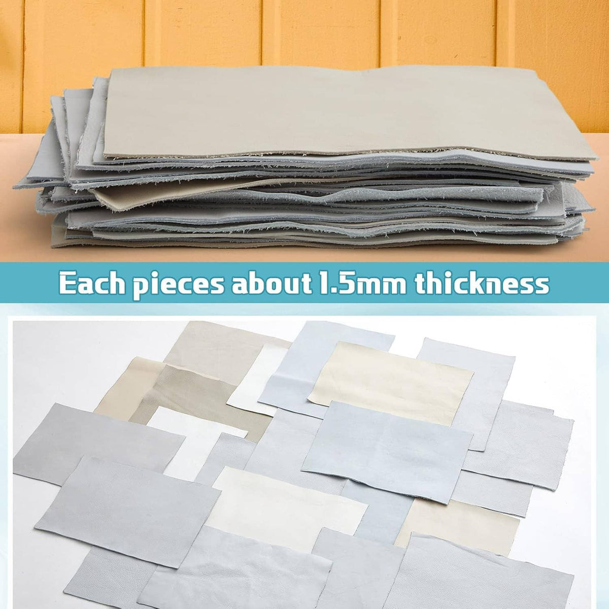 Stack of assorted genuine leather scraps sheets in light colors, ready for crafting